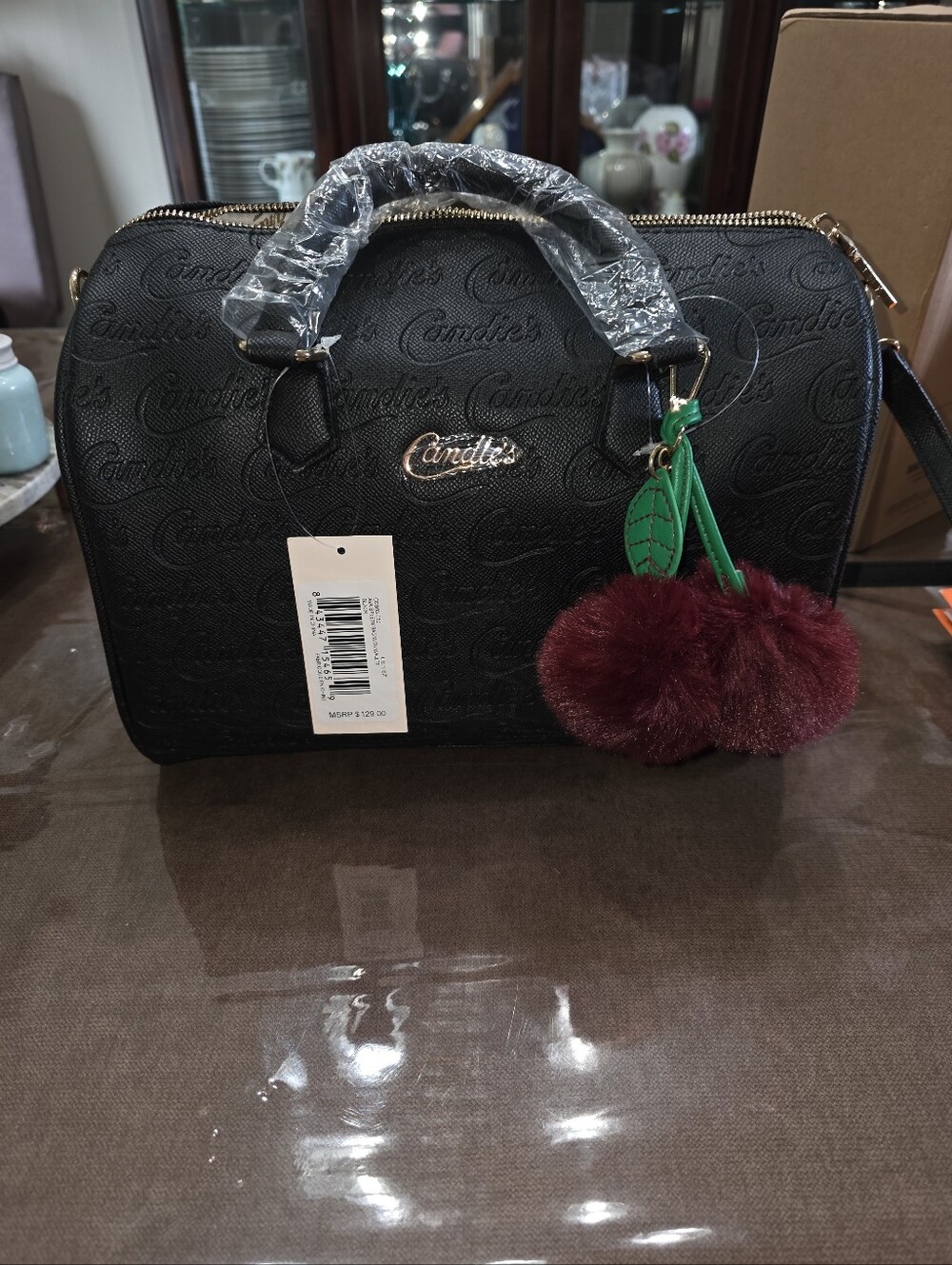 Candie's Black Satchel with Burgundy Pom Charm